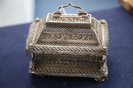 A 19th century Indian silver filigree casket, 15cm.